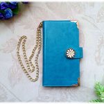【 AQUOS EVER SH-02J 】手帳型ケース　♥上品ターコイズ ♥　レザーケース　✿アンティークお花✿　スマホカバー　★チェーンストラップ付き★