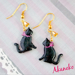 ピンクリボンの黒猫ちゃんピアス/イヤリング