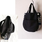 黒モノトーン マチパッチワーク*ファスナー付き ラウンド型バッグ
