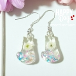 シェル×かすみ草 **パステル猫ちゃんとお出かけレジンフックピアス(イヤリング)**