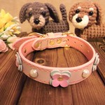 犬革手縫い首輪27～34.5お花＆パール＆ラインストーン　ピンク色タイプ