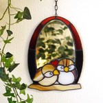 ステンドグラス　鏡　ちょっと見ラー　小鳥ハート　A4