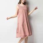コットン生地 重ね風刺繍飾りノースリーブワンピース ♪Pink♪