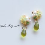 ☆218   優しい色合いのお花とパールのピアス 　さわやか　グリーン  
