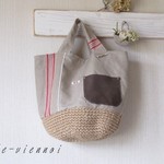 アンティーク赤ライン  リネン＊麻ヒモかごバッグ＊山羊革ポケット付