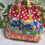 レトロ・ドット赤　持ち手付き巾着・小物入れ