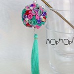 つまみ細工の七夕かんざし(pink&emerald green）