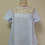 【セール品】ストライプ柄カットソー生地×花柄レース生地Ａラインシルエット半袖Ｔシャツ　Ｍ～ＬＬサイズ