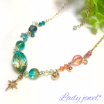 受注製作☆  sea sunset  ネックレス   エメラルドグリーン の海の夕暮れ   煌めくスワロフスキーとチェコメロンと揺れる一番星 