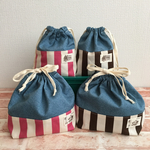 お弁当巾着と小巾着セット♪デニム＊ストライプ♪ピンク＊ブラウン