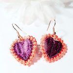 【送料無料】夏フェス  ハート刺繍ピアス/イヤリング/樹脂（オレンジ&パープル）