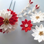正絹羽二重 紅白 菊花のかんざし＆Uピンセット（つまみ細工）