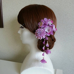  【和装＊洋装どちらも可】フラワーヘアアクセ 4点セット　揺れる紫の紫陽花の花びら付き リラ色(紫&ピンク)マム