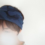 再販です　迷彩ブルー　つけると可愛いです★*柔らかダブルガーゼのゆるターバン*ヨガやピラティス、ジムにも**