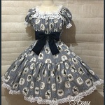 1点物＊アリス柄ストライプ2段ティアードシャーリングワンピース/紺×白(即納品)