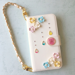 全機種対応オーダー製作スマホケース 紫陽花の頃 パステルver レジン 手帳型 チェーン付き  