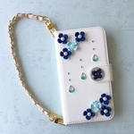 全機種対応オーダー製作スマホケース 紫陽花の頃 ブルーver レジン チェーン付き