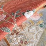 🐇京友禅 金彩 扇に橘模様 正絹緞子 紋意匠 丹後ちりめん No.44-7 左後ろ身頃裾部分【100cm×37cm】振袖の解き 和布 生地 はぎれ リメイク素材 silk100%