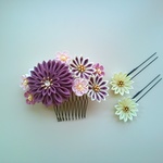 つまみ細工　菊と小花の花寄せコームと小菊のU ピンのセット《桃色系》