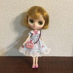 ミディブライスサイズ パフスリーブワンピース イチゴとさくらんぼ 水色