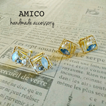♡爽やかカラー♡スクエアゴールド×カラービーズ×コットンパールピアス 〈2色展開〉
