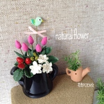 ＊粘土の花【送料無料】ナチュラル🎶miniフラワーミックス/水色の小鳥ピック・麻布付き【現品限り】