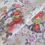 🐇薄灰色 京友禅 小紋 扇に花模様 正絹 丹後ちりめん 【100cm×36cm】反物より裁断 和布 生地 はぎれ リメイク素材 silk100%