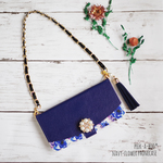 ✳︎iPhoneXS/iPhoneXR Xperia全機種対応✳︎navy-flower 手帳型スマホケース [ビジュー+タッセル付き]