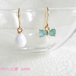 2way　ハートの リボン【パシフィックオパール】★ マーメイドの涙 パール デザインフック ピアス