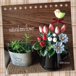＊粘土の花【送料無料】ナチュラル🎶miniフラワーミックス/黄色の小鳥ピック・麻布付き【現品限り】