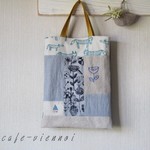 最終＊北欧柄リネン＊パッチワーク ペタンコ トートバッグ*手刺繍＊キツネ＊ミナペルホネン＊エコバッグ