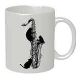 テナーサックスと黒猫のマグカップ【楽器ねこシリーズ】