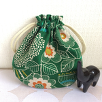 再販☆まん丸ミニ巾着（北欧、草花鳥）緑