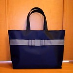 再販 りぼんバッグ中 自立 紺＆紺ストライプダブルリボン ナイロン HandmadeTakako