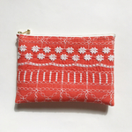 (Flowers) L 20cm 花刺繍オレンジフラットポーチ 