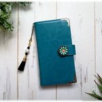 【iPhone XS/iPhone 8/iPhone 7/iPhone 6s/8 plus/7 plus/6 plus】 手帳型ケース✿おとなターコイズ✿アイフォンケース✿アンティーク花✿タッセル付き