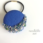 leather blue 刺繍ヘアゴム
