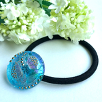 ★再販★ヒマワリ✴︎アクアマリンブルー／チェコガラスボタンのヘアゴム27mm
