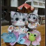 ＊ねこちゃん親子＆かえるくん　梅雨ver　置物＊