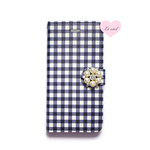 iPhoneXR/iPhoneXS/iPhone X/iPhone8/iPhone8Plus/iPhone7/iPhone7Plus/iPhoneSE 手帳型ケース ネイビーギンガムチェック×パール