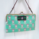【sale 20％off】がま口ペタンコポーチ(レトロなアザミ柄×ミントグリーン系)          