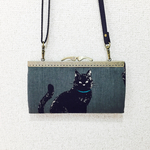 【nassyi03119様ご予約品】綿麻キャンバス黒猫のショルダー付きがま口長財布*ポシェット*チャコールグレー*1214