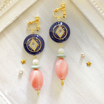 お花とビーズの大振り 【ピンク×ネイビー】イヤリング/ピアス