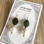 カーキのひし形ビーズとコットンパールのピアス  【CP-2】