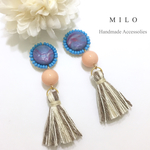 ☆1点もの☆ブルービーズ刺繍とブラウンMIXタッセルのピアス/イヤリング