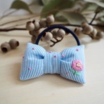 北欧 刺繍 お花 リボン 水色 ストライプ ヘアゴム