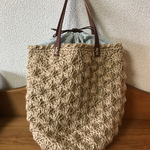 本革持ち手 松あみの麻ひもバッグ たて長