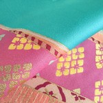 🐇浅葱色 京友禅 金彩 桜模様 正絹緞子 紋意匠 丹後ちりめん No.48-15 おくみ部分【210cm×20cm】クリーニング済み振袖の解き 和布 silk100%