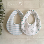 新柄⋆Baby bib♡ぞうさんと小鳥（緑）×水色ボーダー