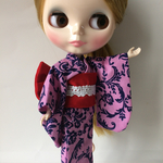 小物付き・ドールサイズ浴衣（桃紺花柄×赤帯）